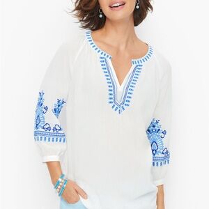 Talbots White and Blue Embroidered Blouse
